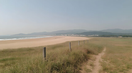 Obraz premium Coastal View with Grass and Sand, beach, sandy, shore, shoreline, dunes