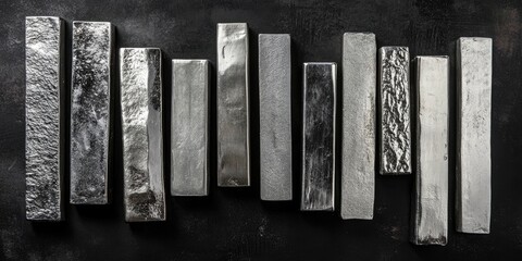 A collection of silver bars is organized in both vertical and horizontal positions, creating a stack that showcases their arrangement clearly.