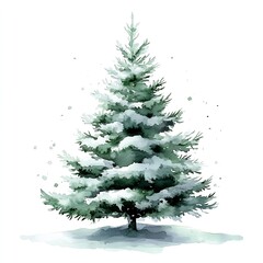 Fototapeta premium Minimalist Watercolor Evergreen Tree with Snowflakes on White Background : Generative AI