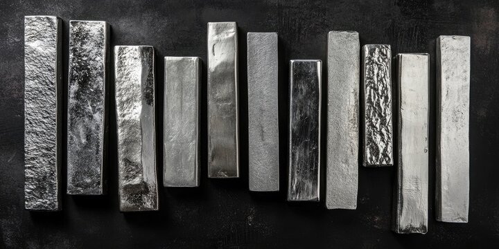 A collection of silver bars is organized in both vertical and horizontal positions, creating a stack that showcases their arrangement clearly.