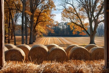 Charming attic interior featuring rustic hay bales with warm sunlight streaming through the window