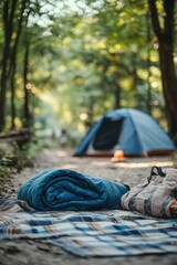 A cozy camping setup with a rolled sleeping bag, plaid blanket, and blue tent in a peaceful forest, showcasing the essentials of outdoor adventure.
