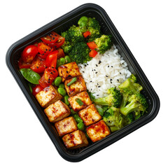 Healthy tofu and vegetable meal with rice bowl, cut out transparent
