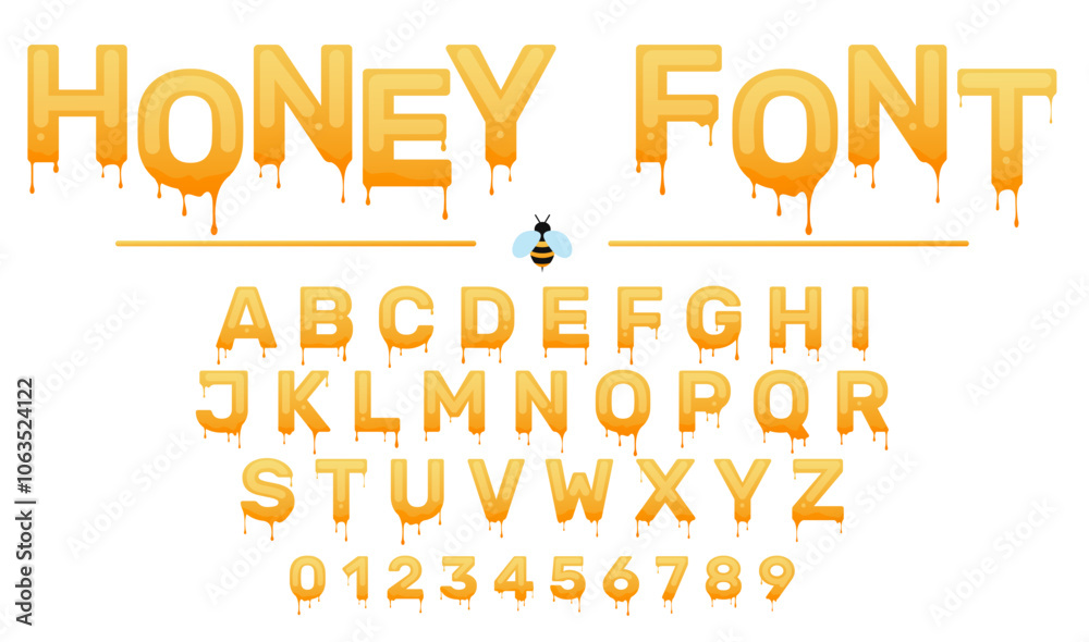 Fototapete honey font with drips and drops. sweet viscous liquid. melting letters and numbers. cartoon yellow s