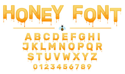 Honey font with drips and drops. Sweet viscous liquid. Melting letters and numbers. Cartoon yellow syrup alphabet. Bee food lettering. Uppercase text symbols. Vector alphabetical icons set