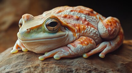 Naklejka premium A close-up of a colorful frog with large eyes sitting on a rock.