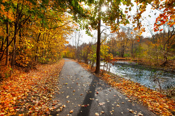 Obraz premium Walking recreational trail with river during autumn