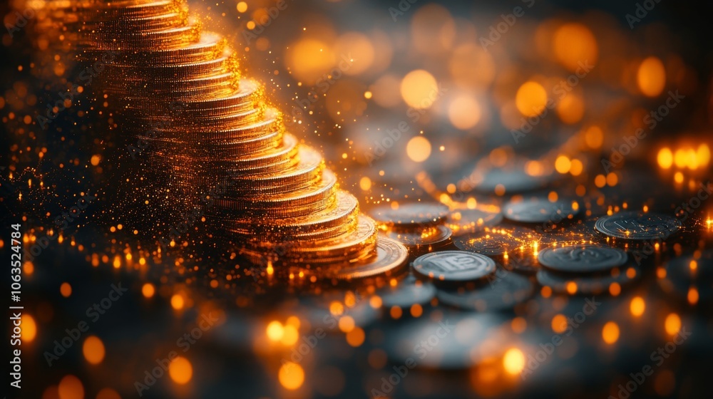 Poster Golden coins tower in a dazzling display, illuminated by soft light, creating a warm ambiance that symbolizes prosperity and wealth at dusk.