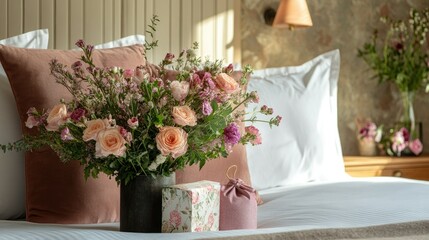 Warm welcome display with fresh flowers and a small welcome gift on the hotel bed, creating an inviting atmosphere