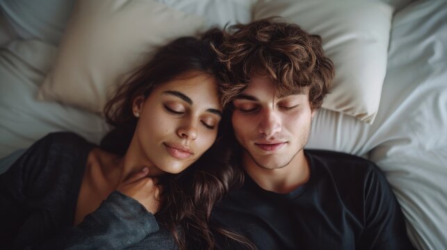 A young couple is peacefully hugging while sleeping on a comfortable bed, conveying love and tranquility. - Powered by Adobe