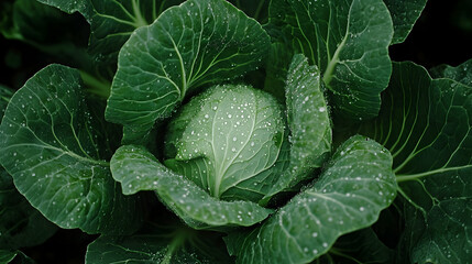 Obraz premium Fresh Green Cabbage with Dew Drops, vegetable, leaves, water, nature, organic