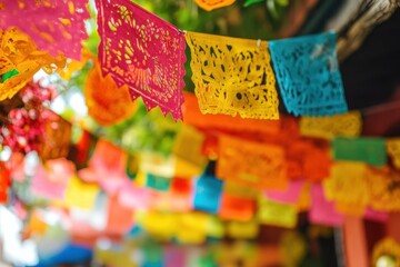 Fototapeta premium A Mexican fiesta with decorations in bright colors and traditional papel picado banners