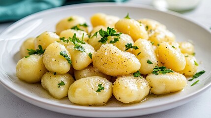 Delicious potato gnocchi garnished with fresh parsley arranged on a white plate, offering a delightful presentation of potato gnocchi and space for your creative designs.
