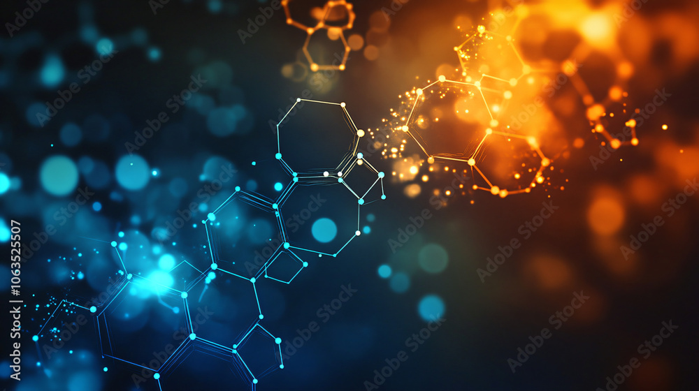 Leinwandbilder hexagonal network on blue and orange abstract background with soft light bokeh effect