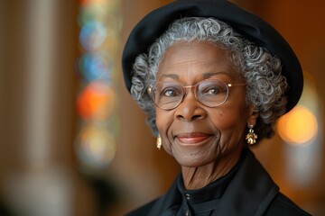 Close up portrait of a black nun inside a serene church setting, highlighting faith and grace