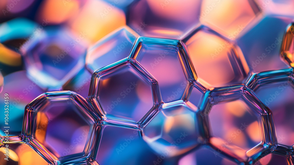 Poster abstract background with colorful bokeh formed by microscopic hexagonal structures