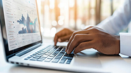 A person is working on laptop, analyzing data with graphs and charts displayed on screen. scene conveys sense of productivity and focus in modern workspace