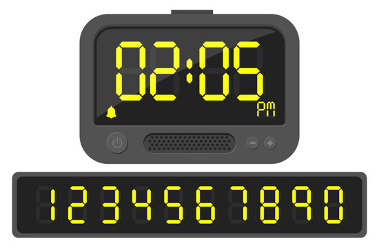 Digital clock yellow numbers. Electronic alarm watch display. Glowing screen retro design. Electric light font. Neon pm symbols. Chronometer countdown typeset. Vector timepiece icons set