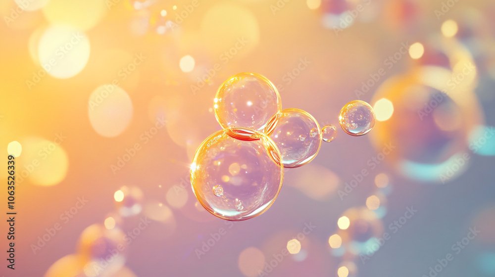 Poster Abstract transparent soap bubbles drifting in the bright background with bokeh effect