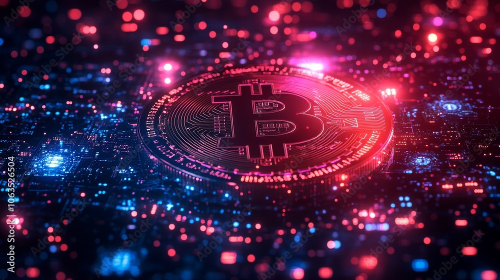 Poster the visual represents a bitcoin symbol illuminated in red and blue hues amid a vibrant digital netwo