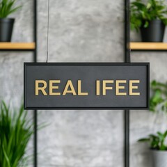 A sign displaying "REAL IFEE" against a textured wall with plants.