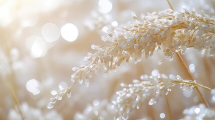 graceful rice grains cascading through the air in a soft blur isolated on a clean white background creating a beautiful and serene composition of simplicity and elegance