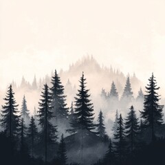 Obraz premium A serene forest landscape with misty trees and distant mountains.