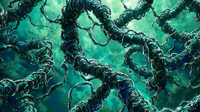 Twisted vines snake through a dark, green sky, creating an eerie and otherworldly atmosphere