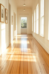 Obraz premium Bright and airy hallway with wooden flooring, large windows, and natural light creating beautiful shadows. serene and inviting space perfect for relaxation