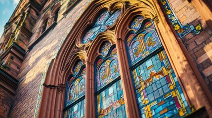 Detail of historic building with stained glass windows, spacious area for text.