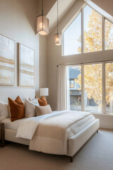 Obraz premium Cozy bedroom with large windows, warm tones, and modern decor. inviting space features comfortable bed with textured bedding and decorative pillows, creating serene atmosphere