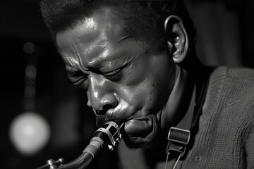 Intense close up of a black saxophonist playing with passion and energy, ideal for text overlay