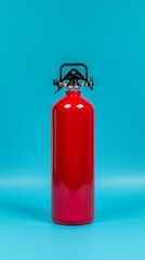 red fire extinguisher, red oxygen cylinder  isolated on a blue background.	

