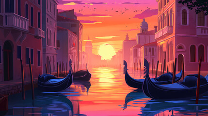 A picturesque sunset view of gondolas in a serene venetian canal, capturing the essence of travel and leisure. Venetian Gondolas. Illustration