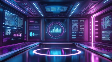 Obraz premium Futuristic control room with neon lights and data displays, immersive digital experience.