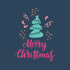 Merry Christmas lettering with Christmas tree on a dark background.