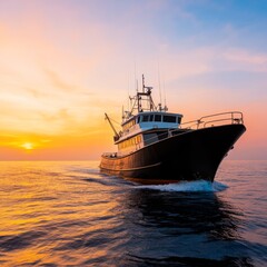Obraz premium A fishing boat navigating the ocean at sunset.