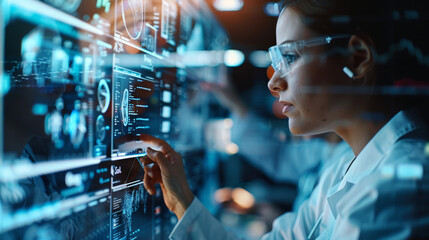 Innovative woman interacting with digital interface, analyzing data and technology trends. Her focus and determination reflect future of tech and research