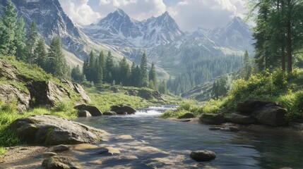 Flowing River in Mountain Valley