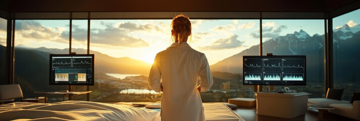 A healthcare professional stands in modern room with large windows, overlooking stunning sunset and mountains. atmosphere is serene and inspiring, highlighting blend of nature and technology