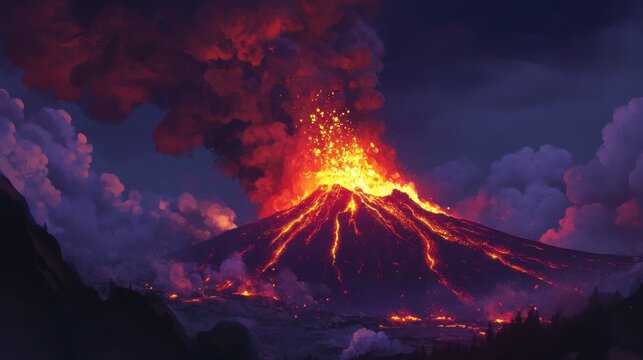A volcano mid-eruption, with glowing lava bombs being