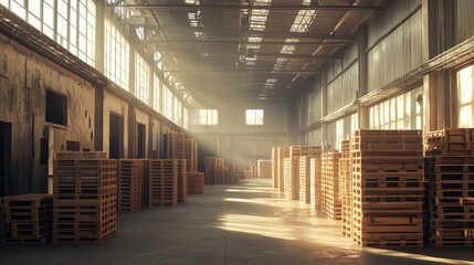 Warehouse Interior with Stacked Wooden Pallets