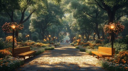 Serene park path lined with trees and flowerbeds, inviting sunlight and calm ambiance.
