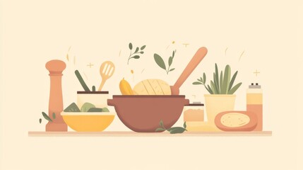 Illustration of fresh vegetables and kitchen tools on a counter for home cooking preparation