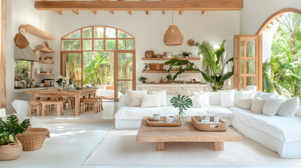 A bright and airy living room featuring cozy white sofa, wooden furniture, and lush greenery. open space invites relaxation and comfort, perfect for enjoying nature indoors