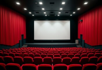 Blank screen movie theater in cinema hall with red chairs on spotlight