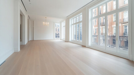 Spacious and bright interior featuring large windows and elegant wooden flooring, perfect for modern living. open layout invites natural light, creating warm atmosphere