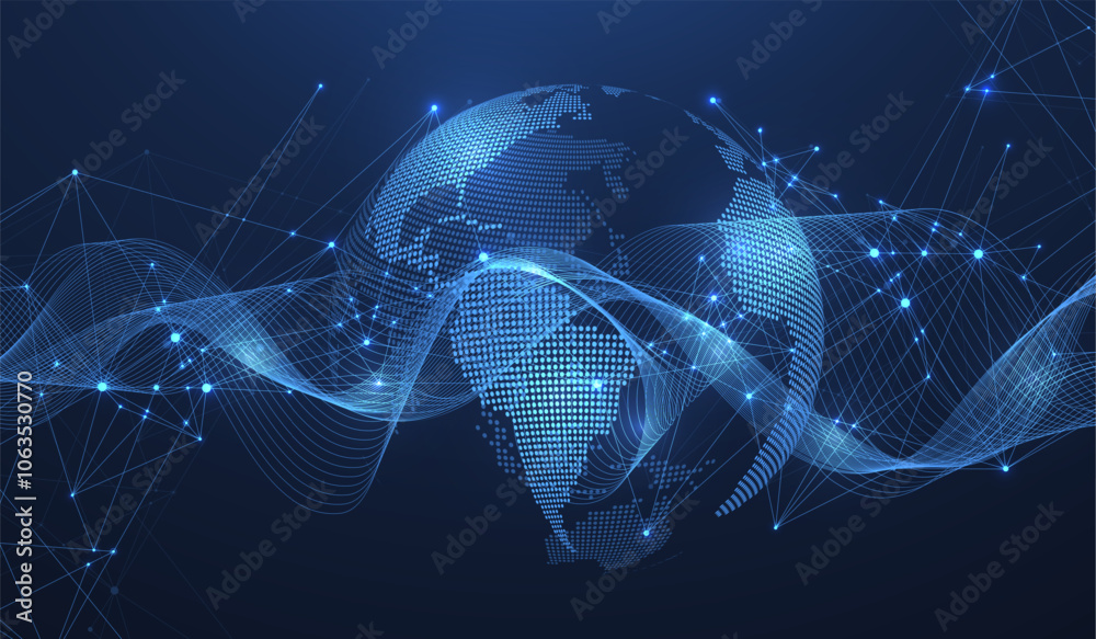 Poster Global network connection concept. Big data visualization. Social network communication in the global computer networks. Internet technology. Business. Science. Vector illustration