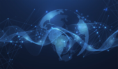 Global network connection concept. Big data visualization. Social network communication in the global computer networks. Internet technology. Business. Science. Vector illustration