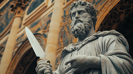 Obraz premium A statue of a bearded man with a sword in his hand. Italian Renaissance Piazza. Illustration